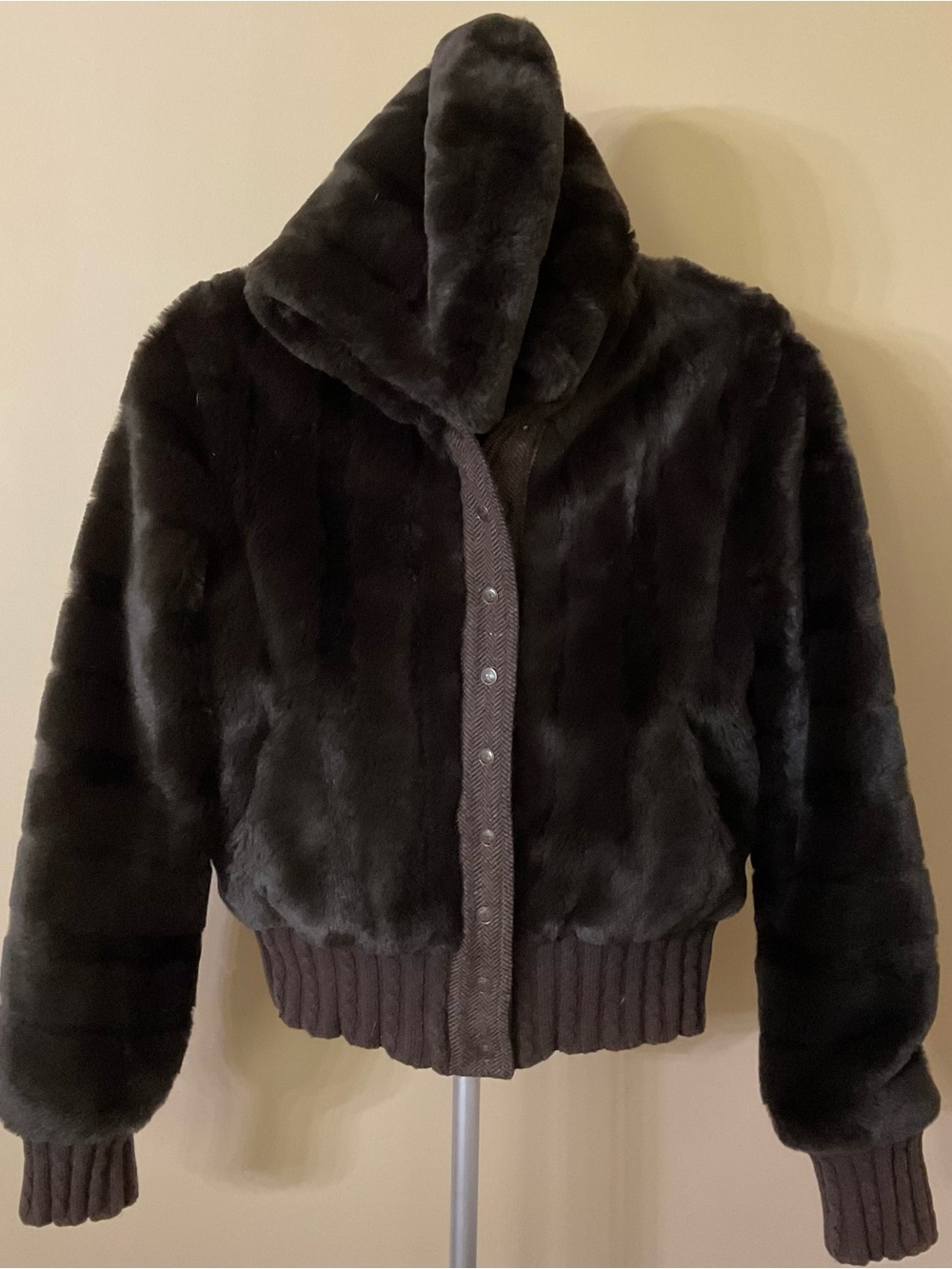 Juicy Couture Dark Brown Faux Fur Hooded Bomber Jacket